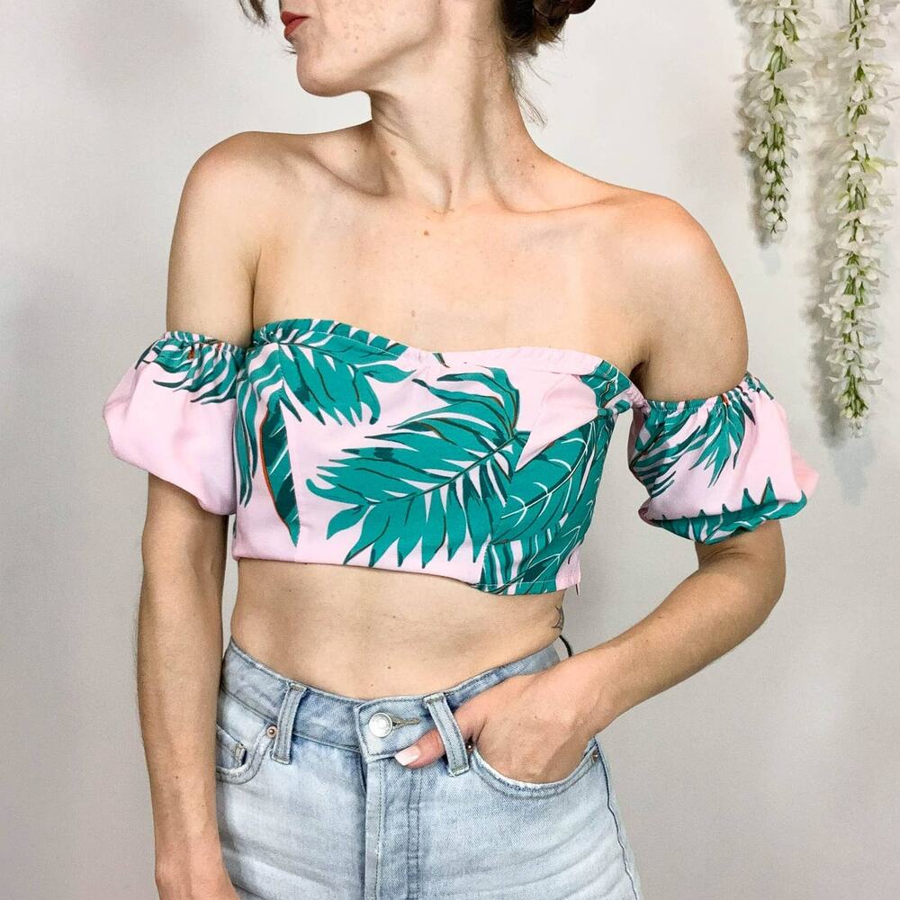 NWT LF CALL ME EDEN puff sleeve strapless top leaf print tropical retro 2522